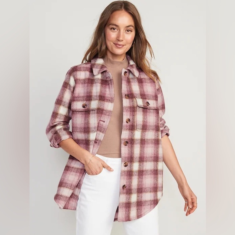 Old Navy Pink Red Cream Plaid Soft-Brushed Utility Shacket for Women Sz XXL Tall